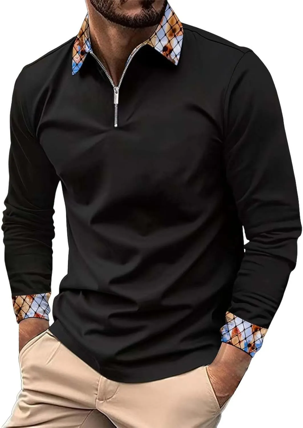 Men's T-Shirts Spring and Autumn Casual Long Sleeve Button Solid Color Long Sleeve T Stain Guard Polo Shirts for Men
