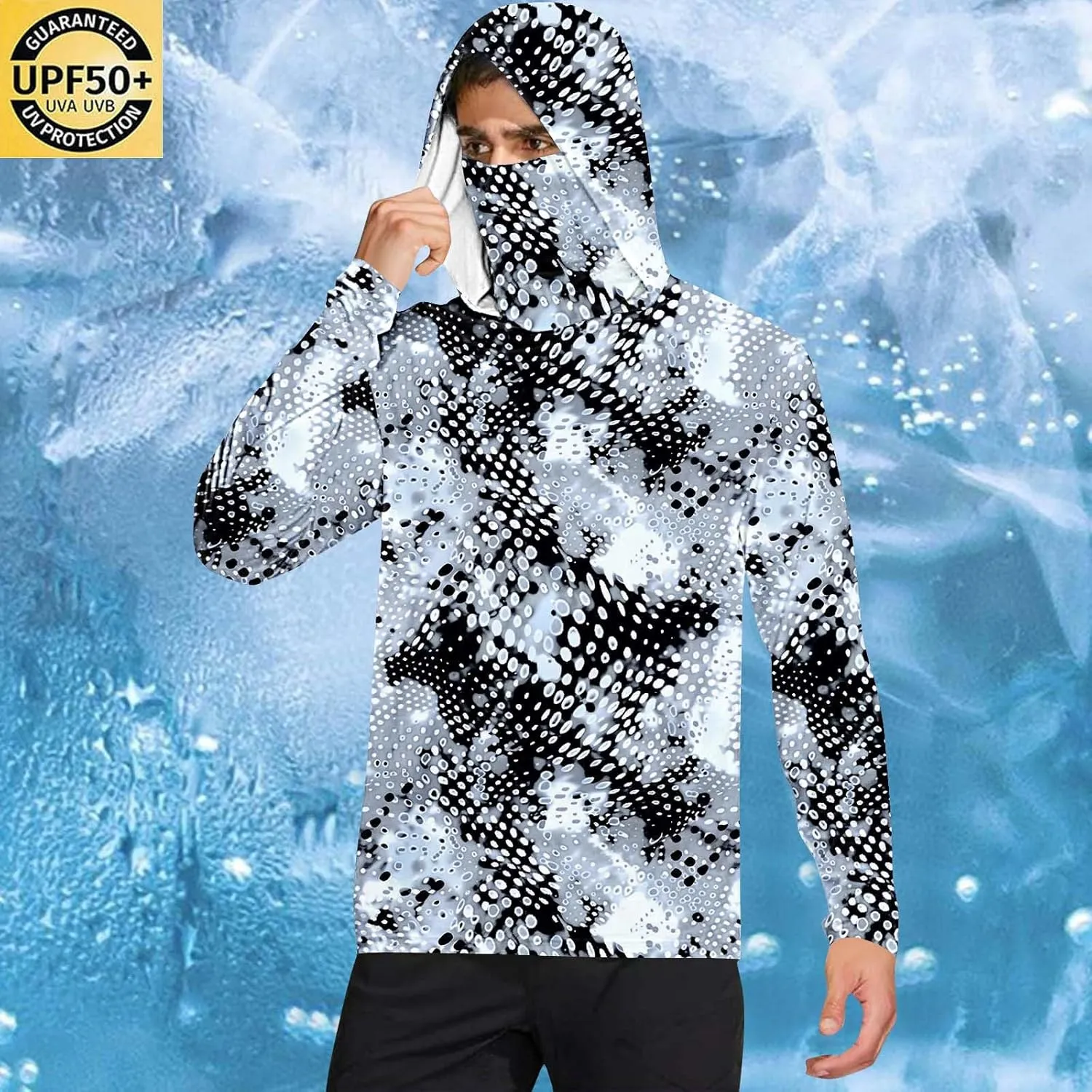 Mens UPF 50  Fishing Shirts Tops Long Sleeve UV Sun Protection Rash Guard Lightweight Sun Hoodie with Face Mask