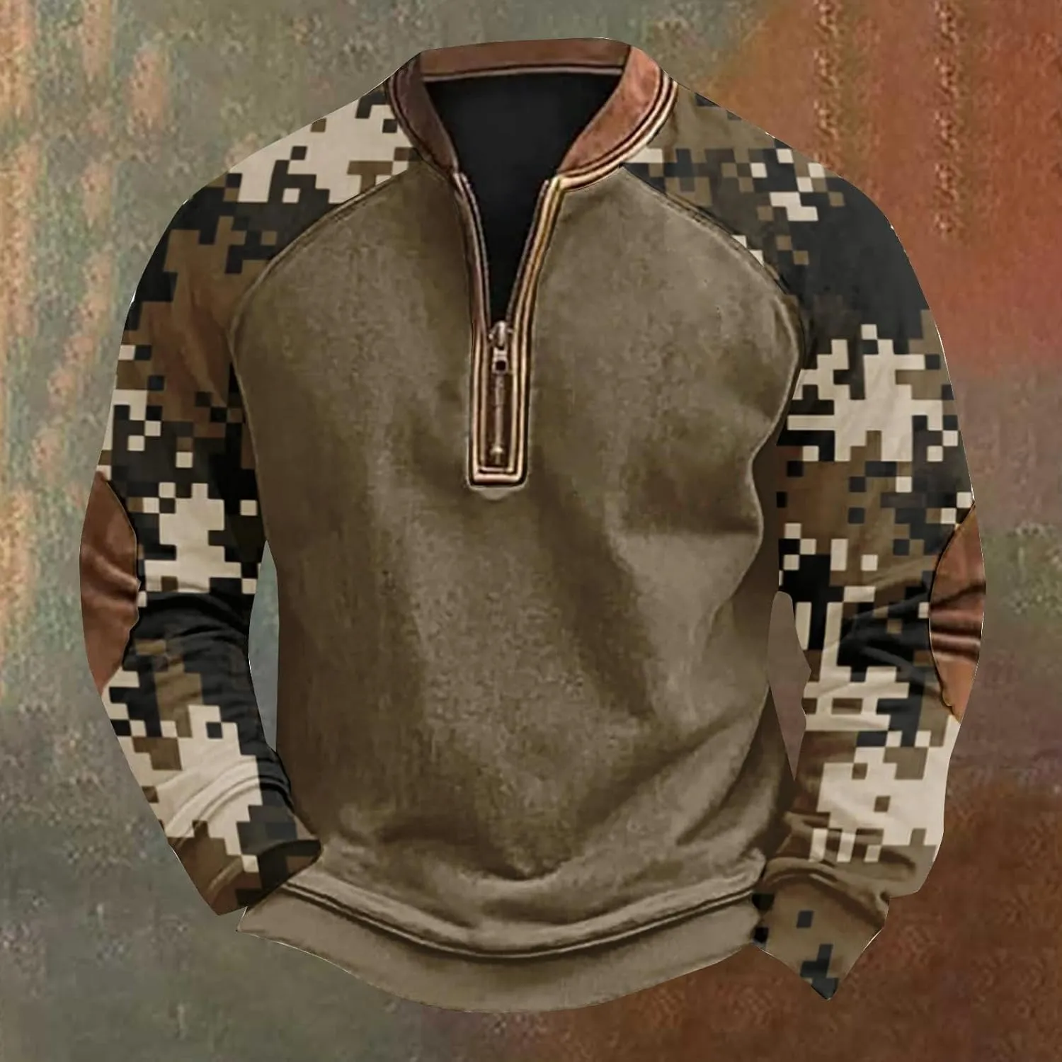 Men's Vintage Quarter Zip Sweatshirt Collared Pullover Shirt Casual Camo Long Sleeve Outdoor Workout Fall Top Clothes