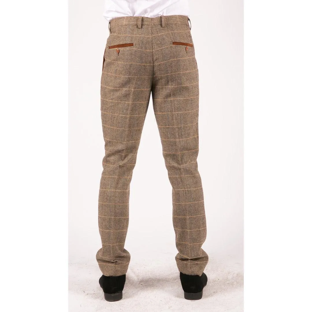 Mens Vintage Tweed Check Trouser Herringbone Tan Brown Slim Fit Regular