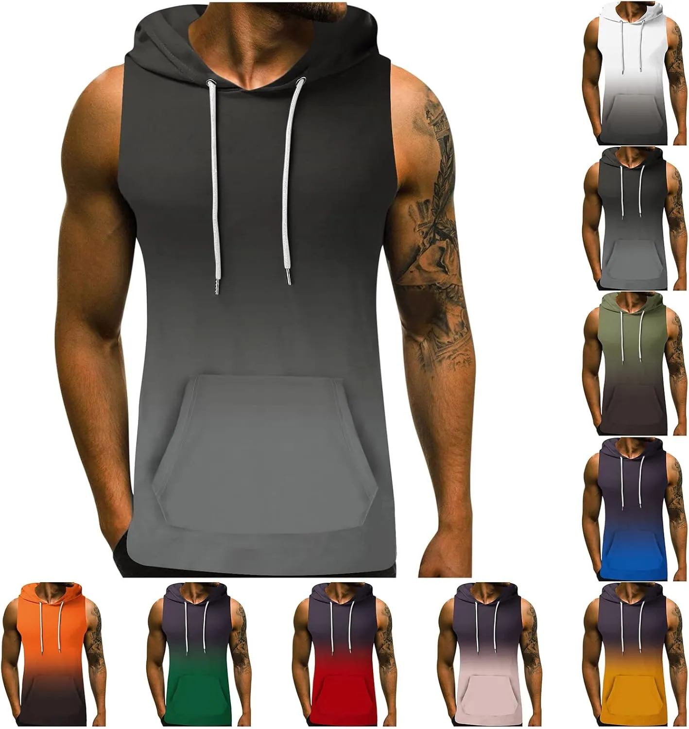 Men's Workout Hooded Tank Tops Sleeveless Gym Hoodies Bodybuilding Muscle Cut Off T Shirt Sports Training Tank Top