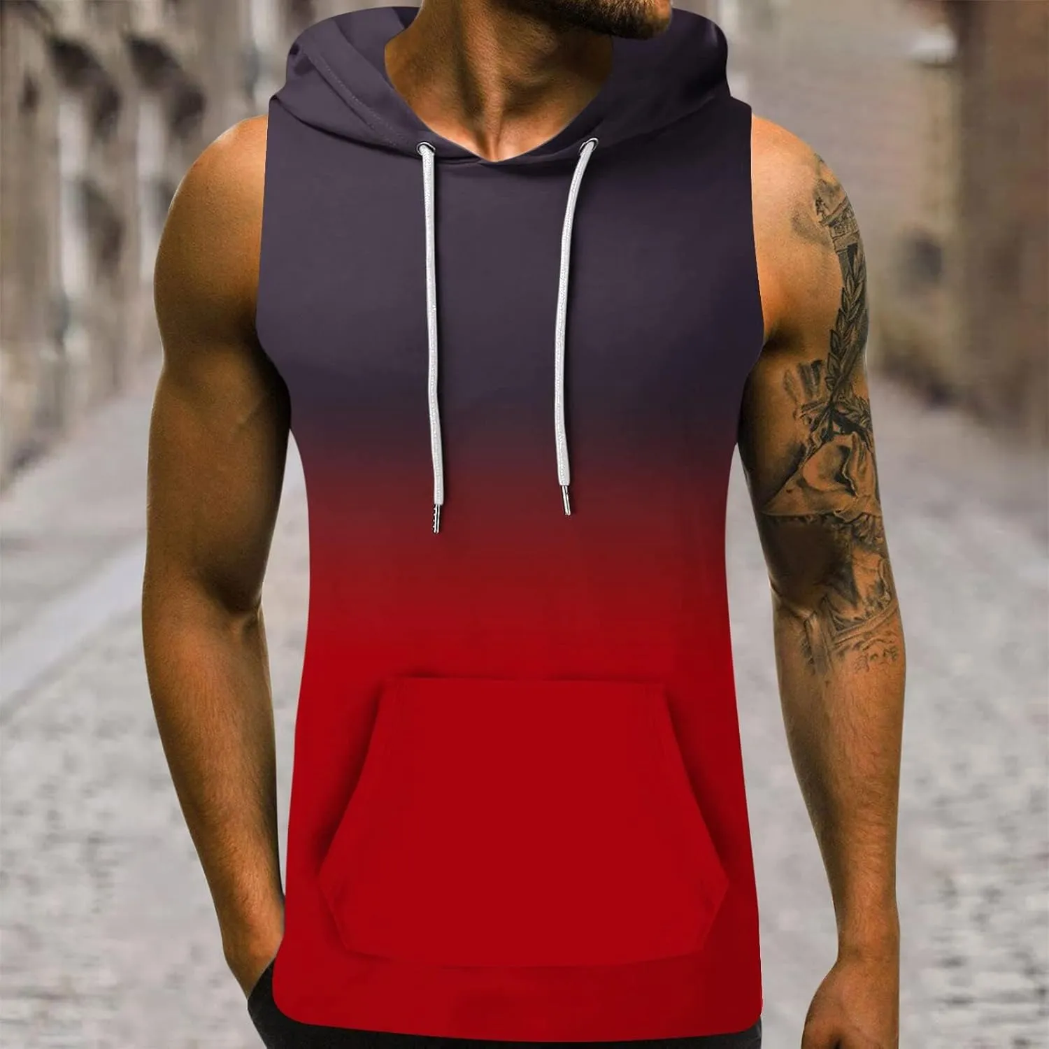 Men's Workout Hooded Tank Tops Sleeveless Gym Hoodies Bodybuilding Muscle Cut Off T Shirt Sports Training Tank Top