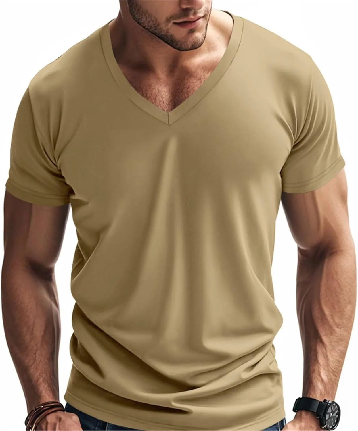 Men's Workout Shirts Stretch Slim V Neck Bodybuilding T-Shirts Athletic Gym Short Sleeve Tee Tops Hipster Muscle Shirt