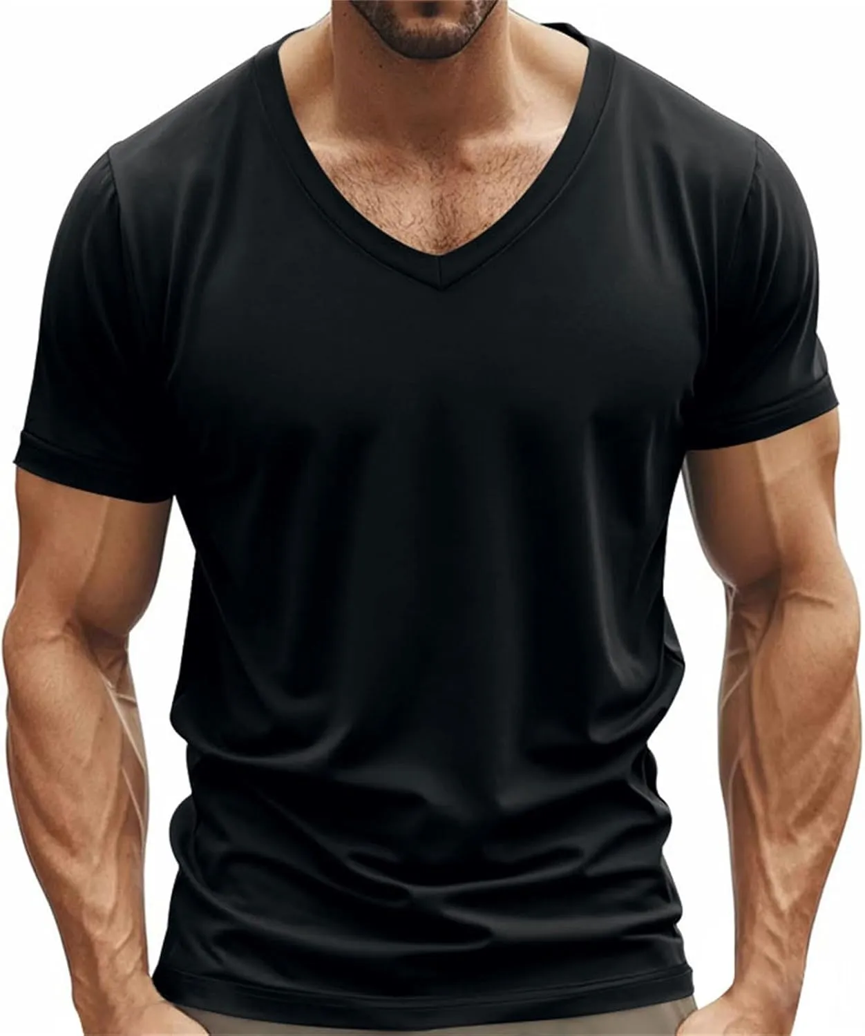 Men's Workout Shirts Stretch Slim V Neck Bodybuilding T-Shirts Athletic Gym Short Sleeve Tee Tops Hipster Muscle Shirt