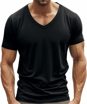 Men's Workout Shirts Stretch Slim V Neck Bodybuilding T-Shirts Athletic Gym Short Sleeve Tee Tops Hipster Muscle Shirt