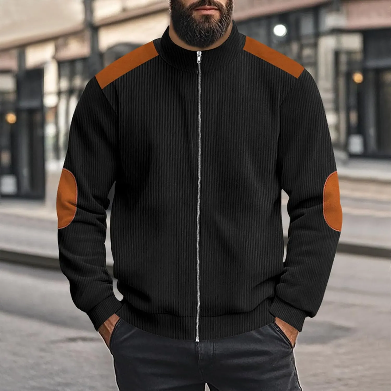 Mens Zip Up Jacket Casual Stand Collar Long Sleeve Corduroy Coat With Elbow Patch Loose Patchwork Streetwear Jackets