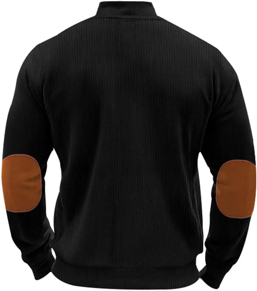 Mens Zip Up Jacket Casual Stand Collar Long Sleeve Corduroy Coat With Elbow Patch Loose Patchwork Streetwear Jackets