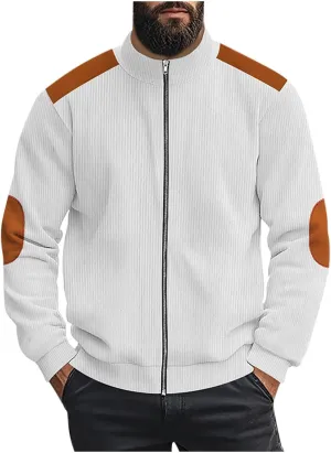 Mens Zip Up Jacket Casual Stand Collar Long Sleeve Corduroy Coat With Elbow Patch Loose Patchwork Streetwear Jackets