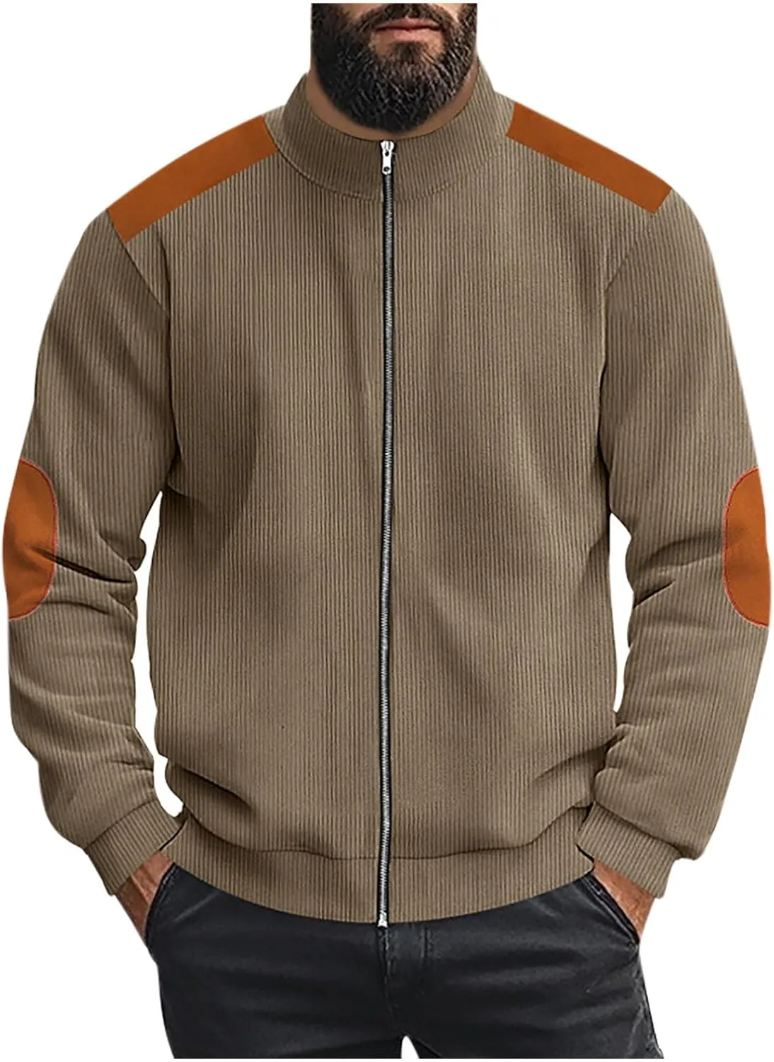 Mens Zip Up Jacket Casual Stand Collar Long Sleeve Corduroy Coat With Elbow Patch Loose Patchwork Streetwear Jackets