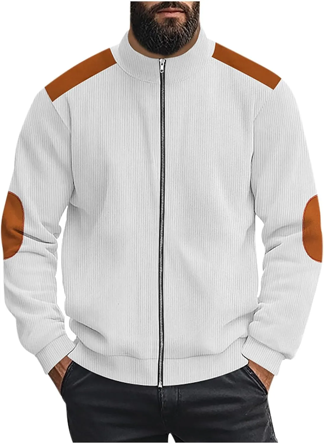 Mens Zip Up Jacket Casual Stand Collar Long Sleeve Corduroy Coat With Elbow Patch Loose Patchwork Streetwear Jackets
