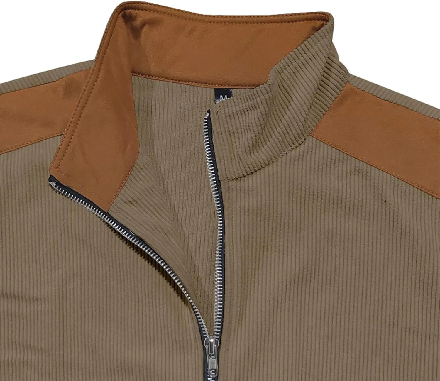 Mens Zip Up Jacket Casual Stand Collar Long Sleeve Corduroy Coat With Elbow Patch Loose Patchwork Streetwear Jackets
