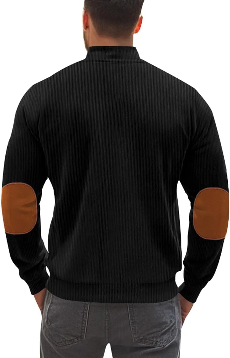 Mens Zip Up Jacket Casual Stand Collar Long Sleeve Corduroy Coat With Elbow Patch Loose Patchwork Streetwear Jackets