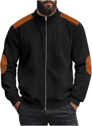 Mens Zip Up Jacket Casual Stand Collar Long Sleeve Corduroy Coat With Elbow Patch Loose Patchwork Streetwear Jackets