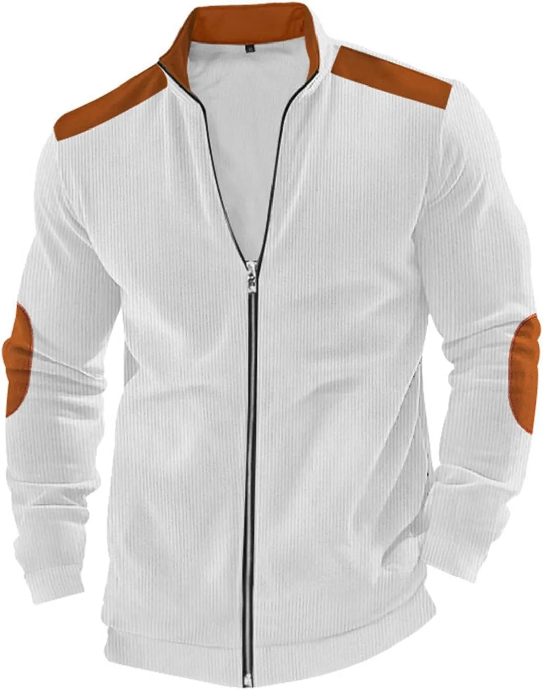 Mens Zip Up Jacket Casual Stand Collar Long Sleeve Corduroy Coat With Elbow Patch Loose Patchwork Streetwear Jackets