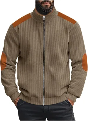 Mens Zip Up Jacket Casual Stand Collar Long Sleeve Corduroy Coat With Elbow Patch Loose Patchwork Streetwear Jackets
