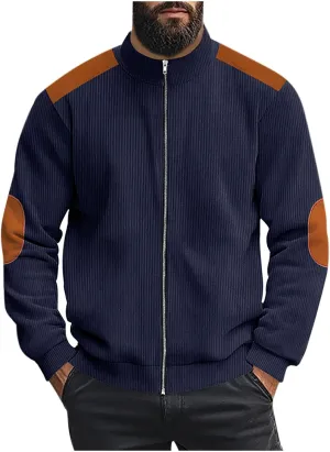 Mens Zip Up Jacket Casual Stand Collar Long Sleeve Corduroy Coat With Elbow Patch Loose Patchwork Streetwear Jackets