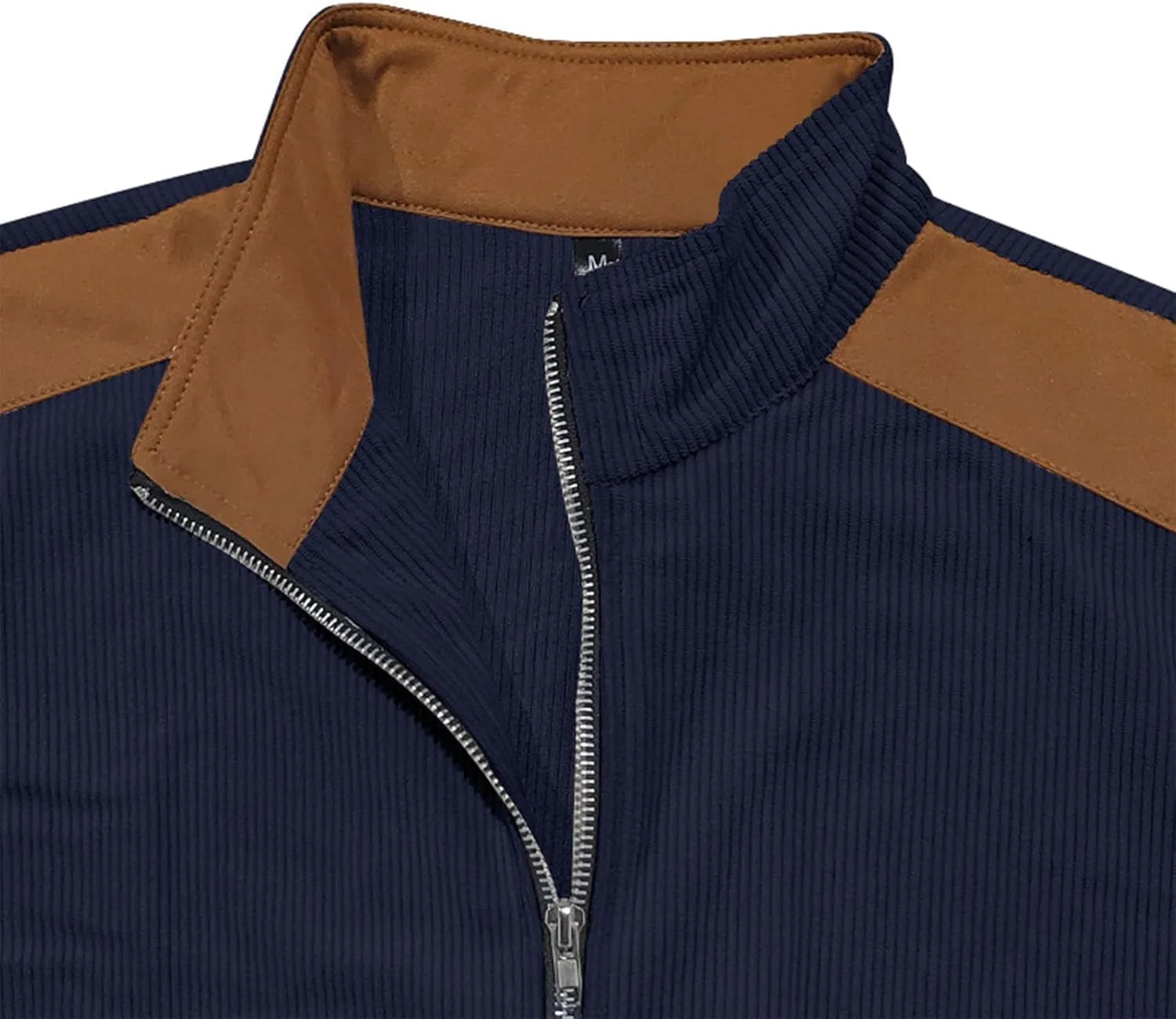 Mens Zip Up Jacket Casual Stand Collar Long Sleeve Corduroy Coat With Elbow Patch Loose Patchwork Streetwear Jackets