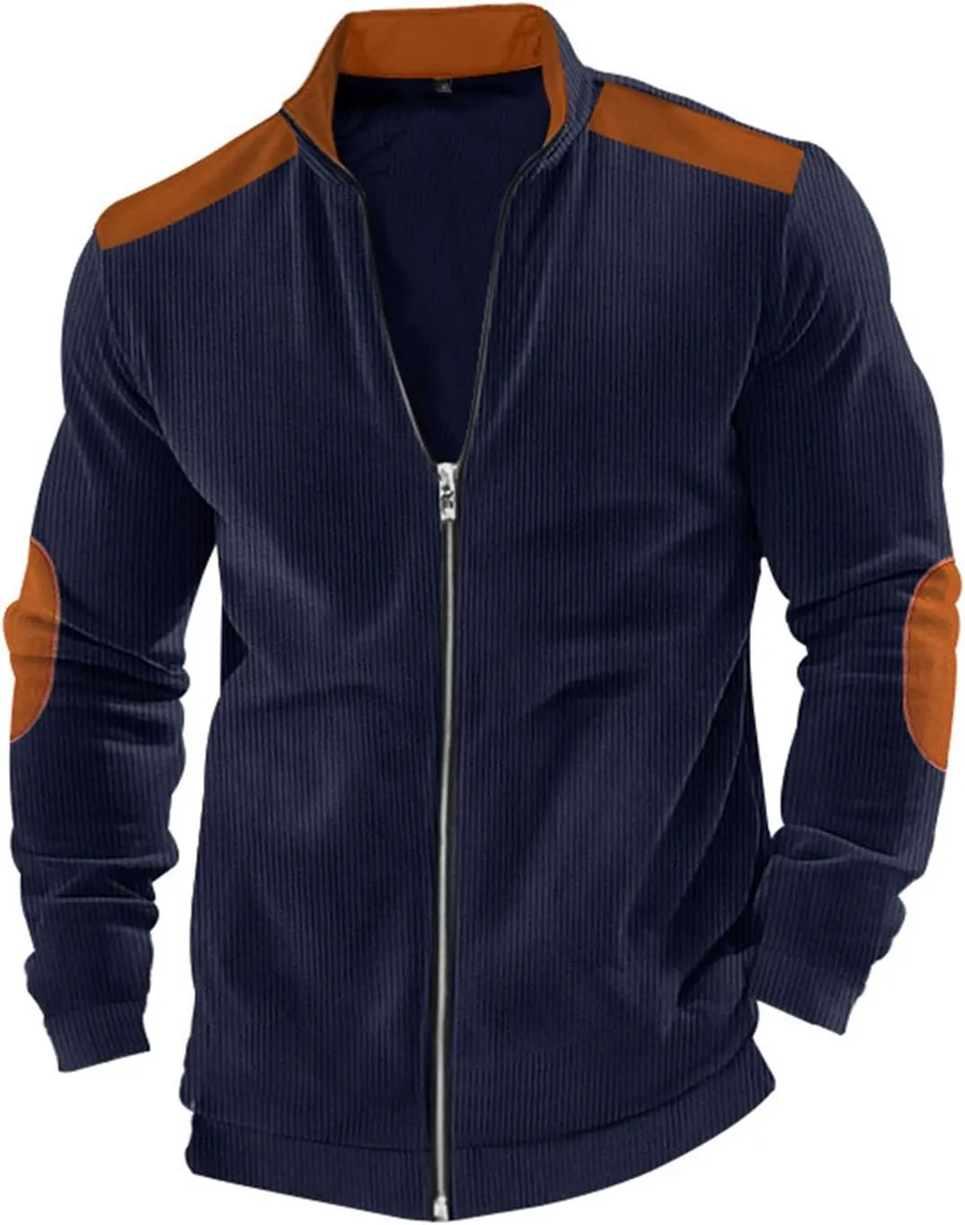 Mens Zip Up Jacket Casual Stand Collar Long Sleeve Corduroy Coat With Elbow Patch Loose Patchwork Streetwear Jackets