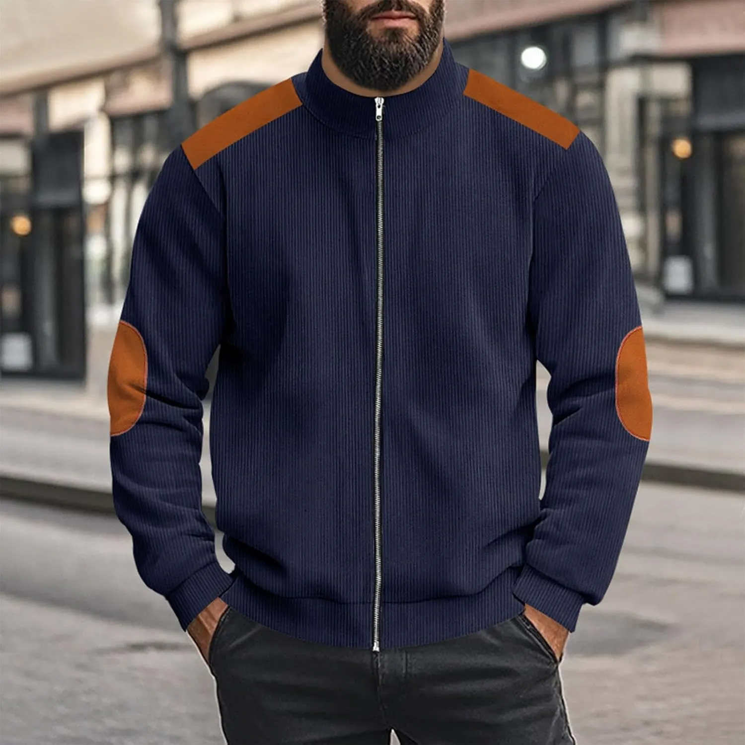 Mens Zip Up Jacket Casual Stand Collar Long Sleeve Corduroy Coat With Elbow Patch Loose Patchwork Streetwear Jackets