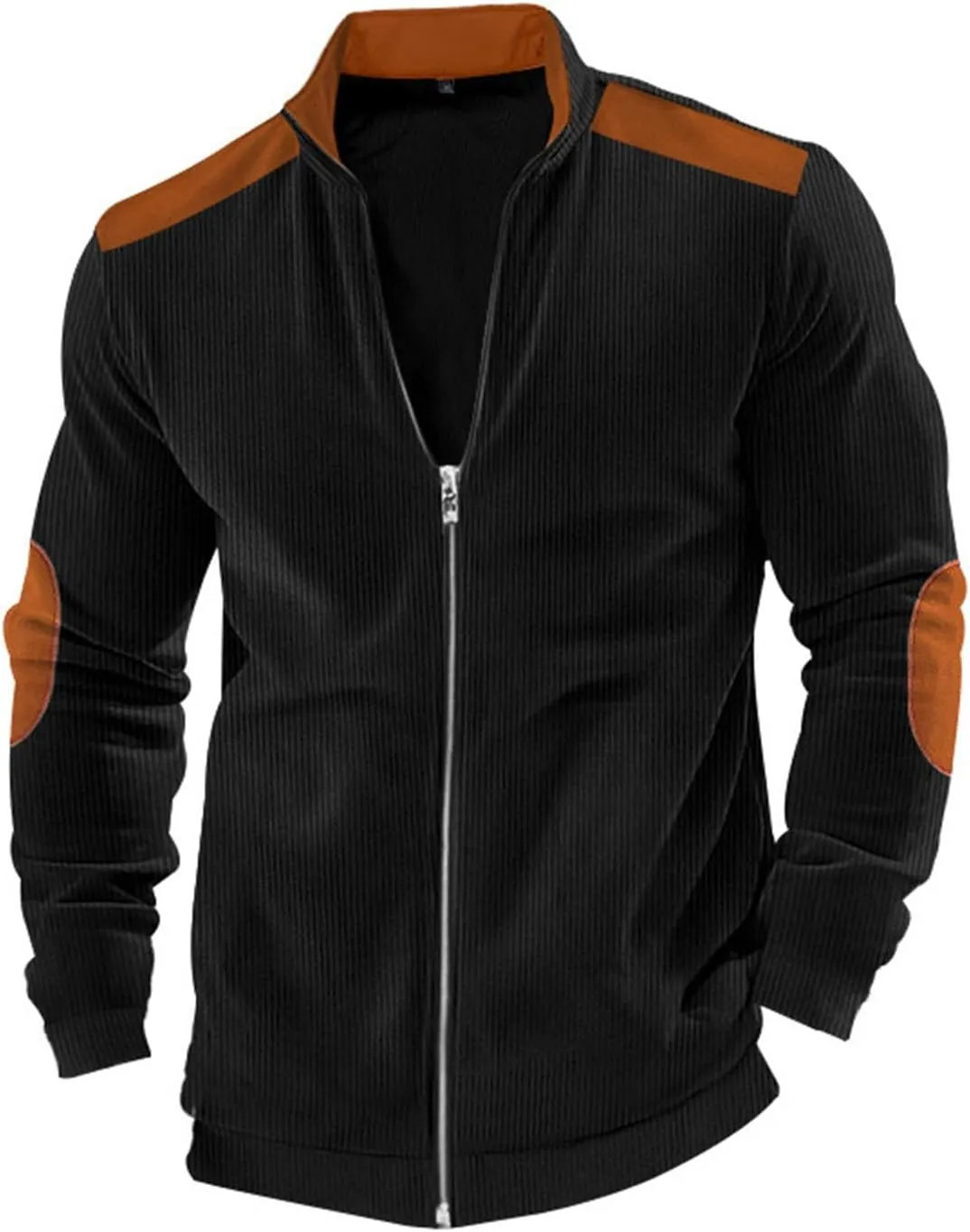 Mens Zip Up Jacket Casual Stand Collar Long Sleeve Corduroy Coat With Elbow Patch Loose Patchwork Streetwear Jackets