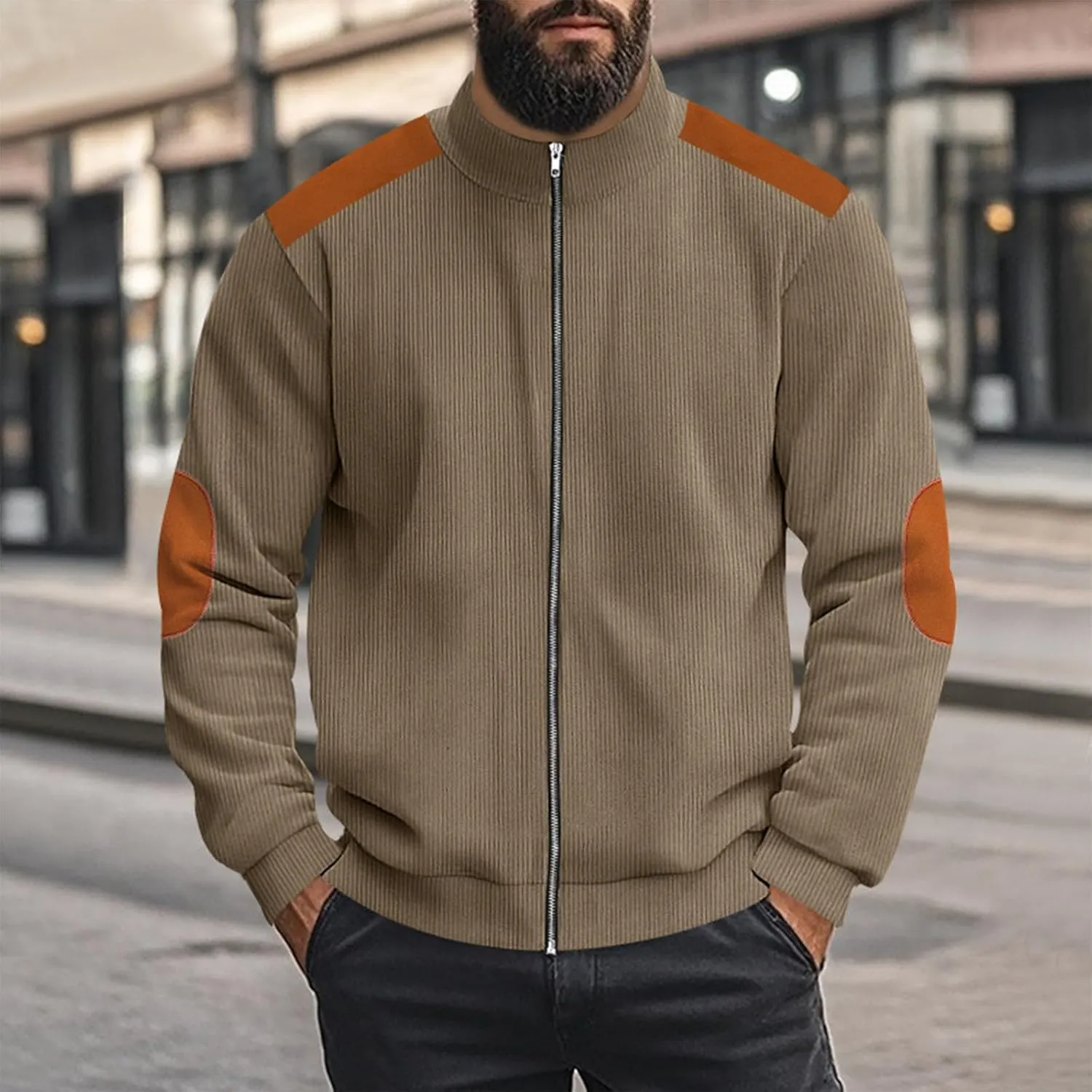 Mens Zip Up Jacket Casual Stand Collar Long Sleeve Corduroy Coat With Elbow Patch Loose Patchwork Streetwear Jackets