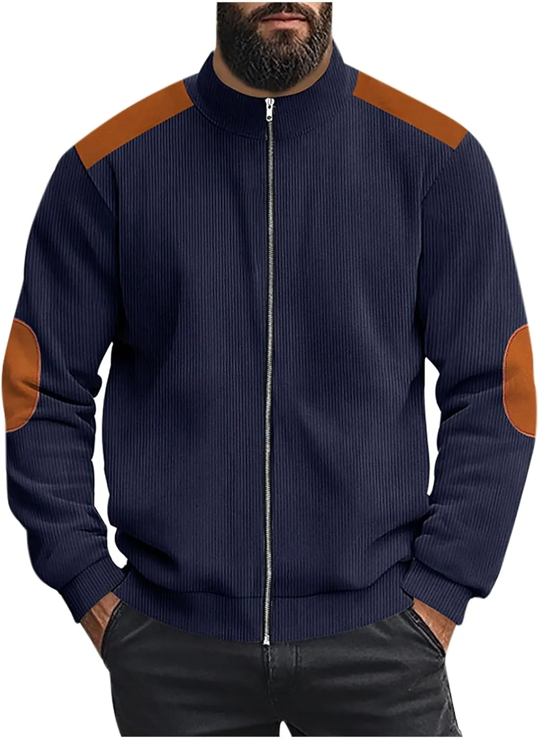 Mens Zip Up Jacket Casual Stand Collar Long Sleeve Corduroy Coat With Elbow Patch Loose Patchwork Streetwear Jackets