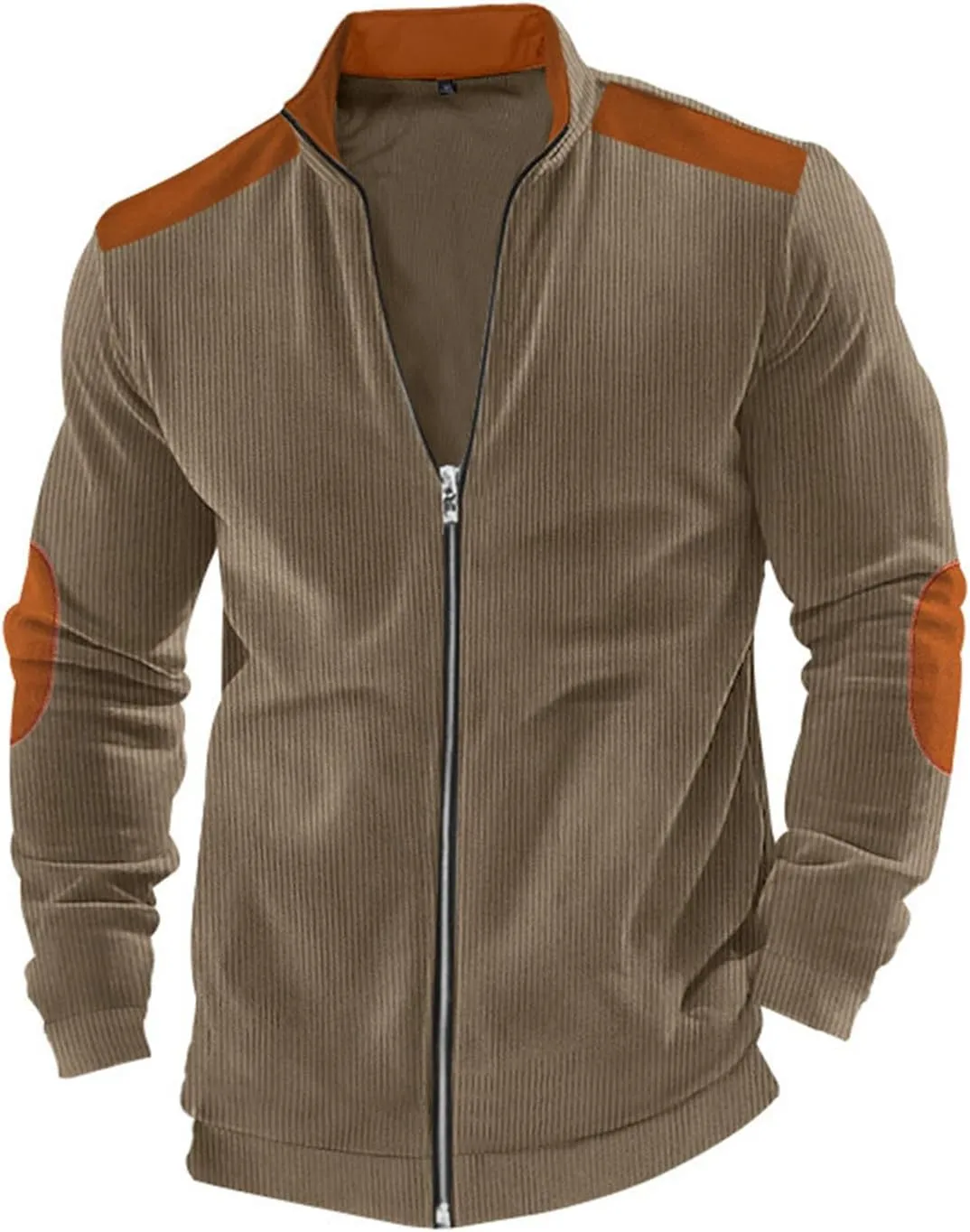 Mens Zip Up Jacket Casual Stand Collar Long Sleeve Corduroy Coat With Elbow Patch Loose Patchwork Streetwear Jackets