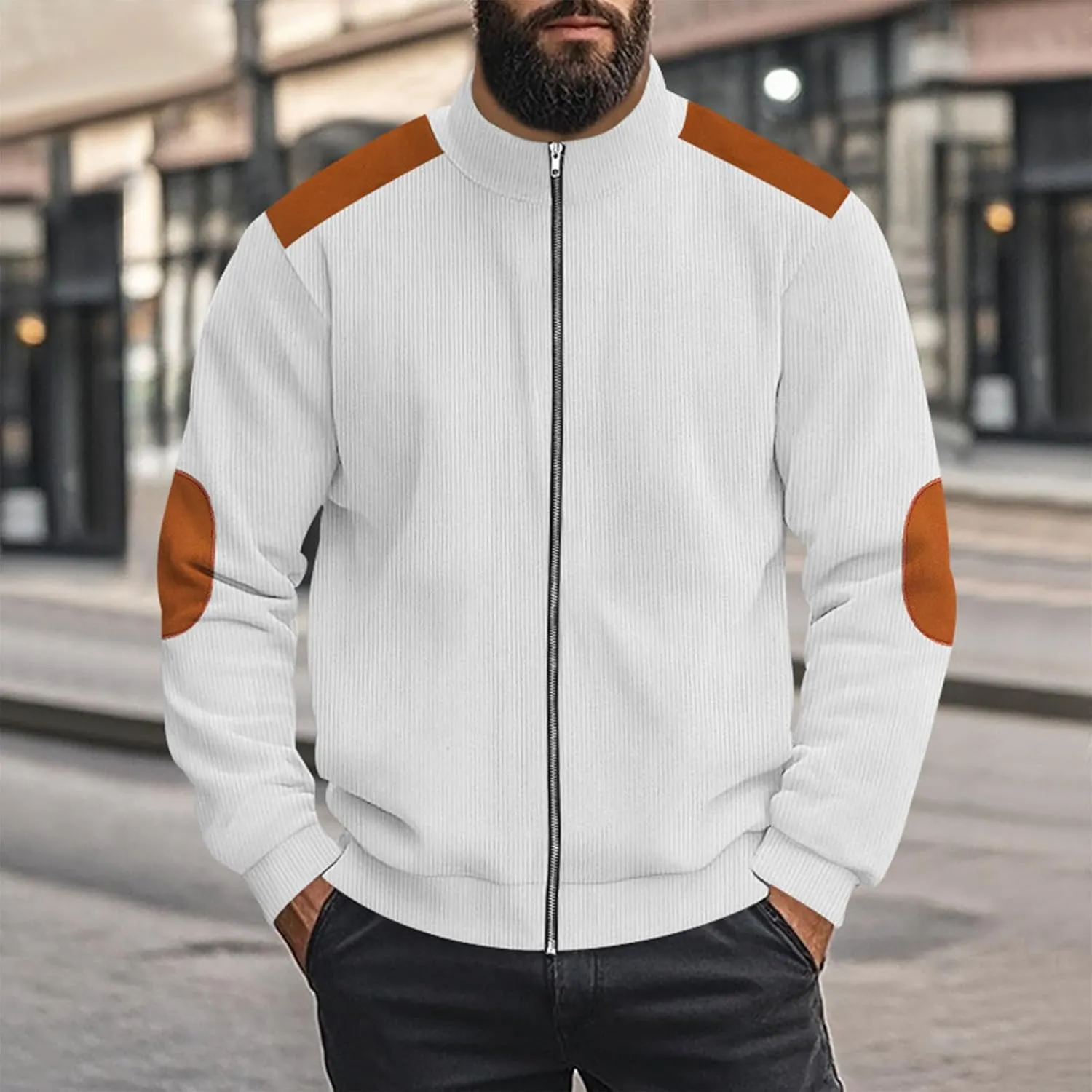Mens Zip Up Jacket Casual Stand Collar Long Sleeve Corduroy Coat With Elbow Patch Loose Patchwork Streetwear Jackets