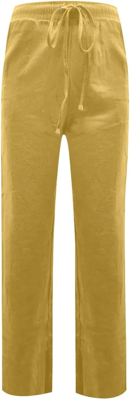 midelxp Women's Linen Pants Summer Straight Leg Lounge Trouser Pants with Pockets Comfy Drawstring High Waist Casual Pants