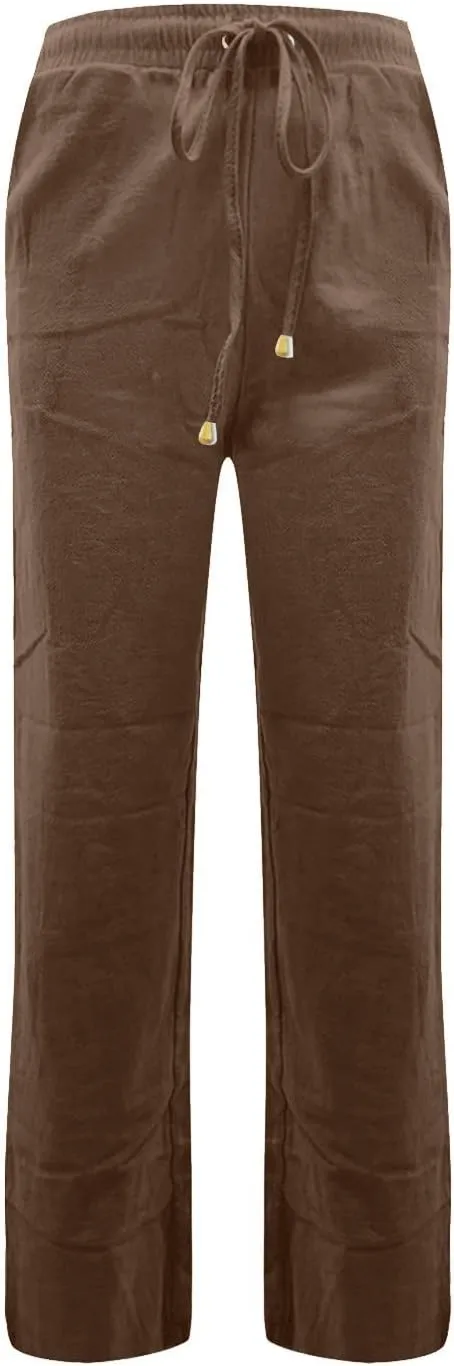 midelxp Women's Linen Pants Summer Straight Leg Lounge Trouser Pants with Pockets Comfy Drawstring High Waist Casual Pants