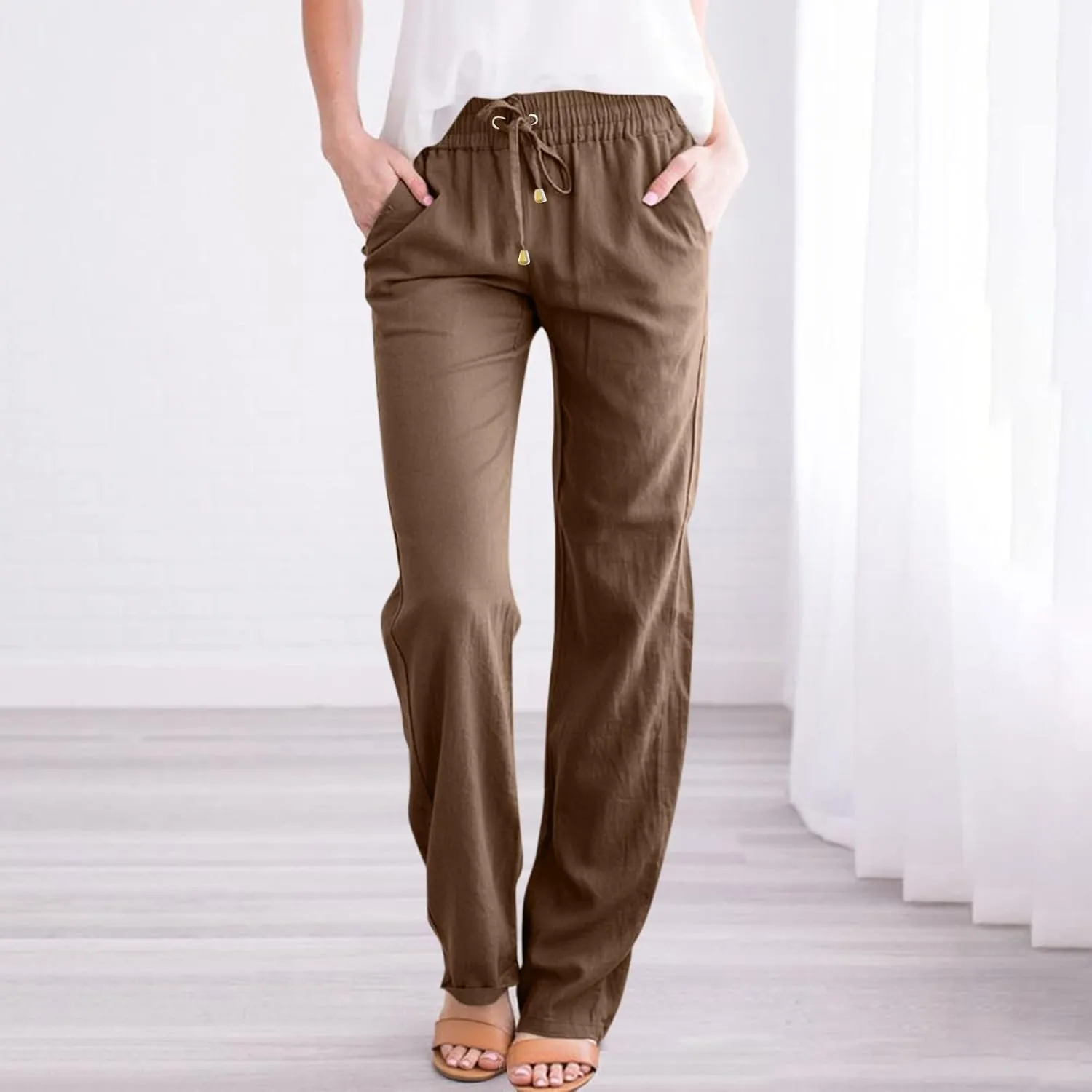 midelxp Women's Linen Pants Summer Straight Leg Lounge Trouser Pants with Pockets Comfy Drawstring High Waist Casual Pants