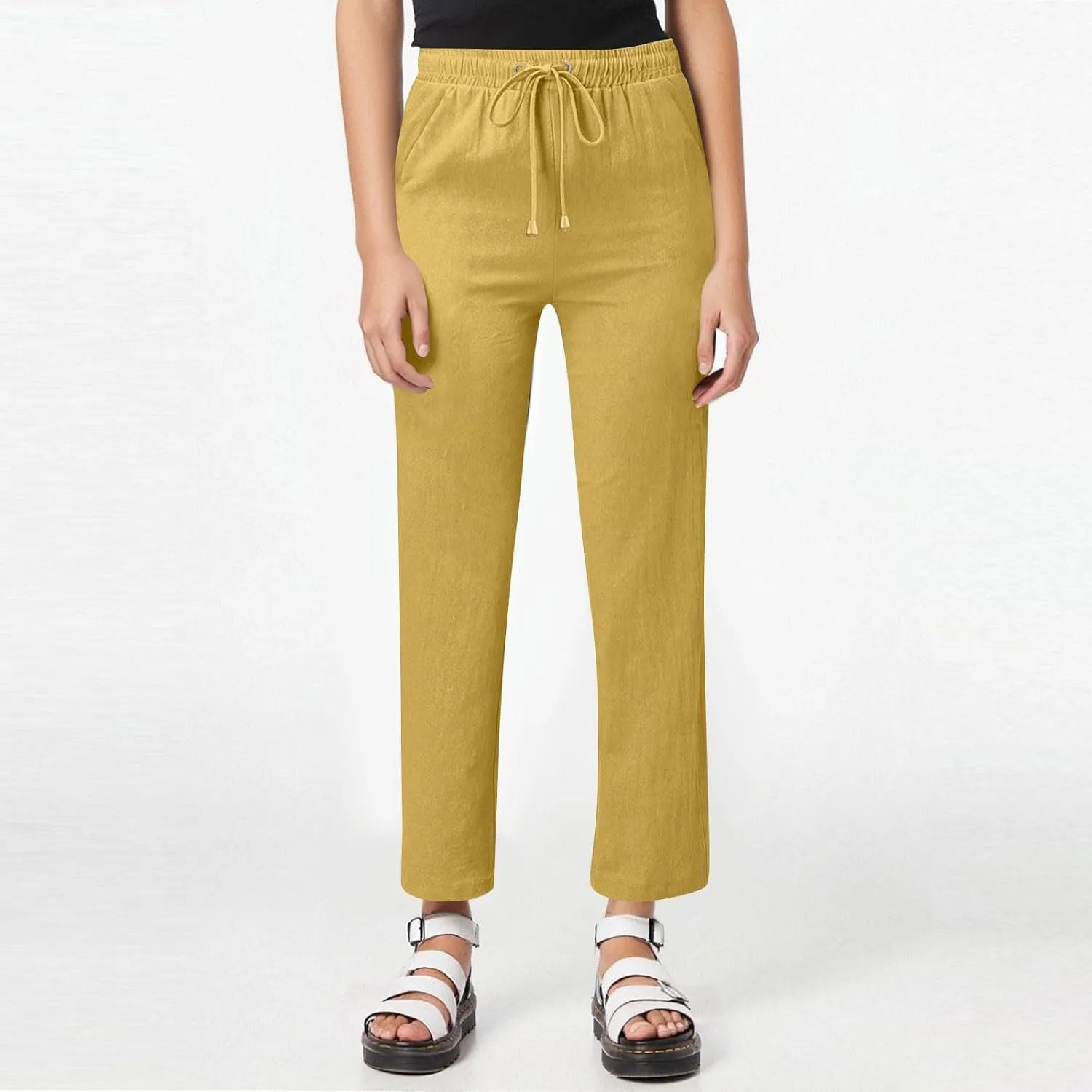 midelxp Women's Linen Pants Summer Straight Leg Lounge Trouser Pants with Pockets Comfy Drawstring High Waist Casual Pants