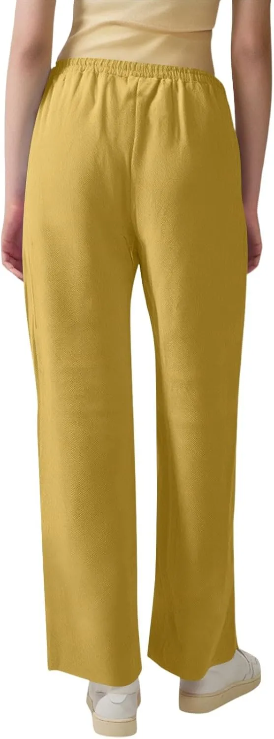 midelxp Women's Linen Pants Summer Straight Leg Lounge Trouser Pants with Pockets Comfy Drawstring High Waist Casual Pants