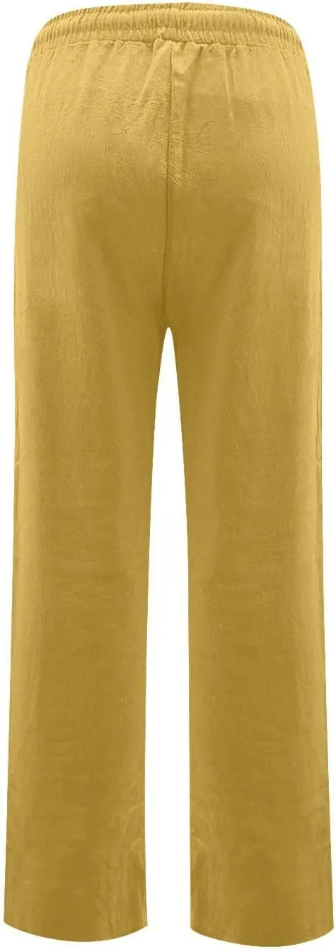 midelxp Women's Linen Pants Summer Straight Leg Lounge Trouser Pants with Pockets Comfy Drawstring High Waist Casual Pants