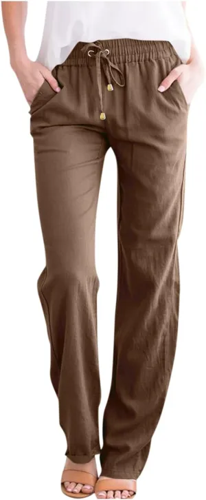 midelxp Women's Linen Pants Summer Straight Leg Lounge Trouser Pants with Pockets Comfy Drawstring High Waist Casual Pants