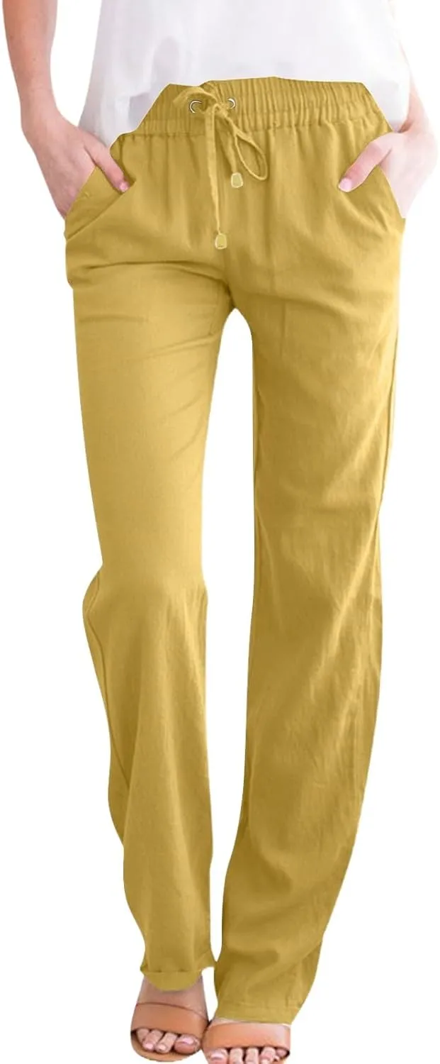 midelxp Women's Linen Pants Summer Straight Leg Lounge Trouser Pants with Pockets Comfy Drawstring High Waist Casual Pants
