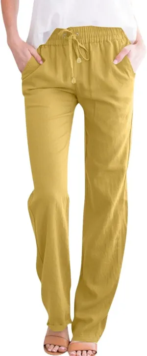 midelxp Women's Linen Pants Summer Straight Leg Lounge Trouser Pants with Pockets Comfy Drawstring High Waist Casual Pants