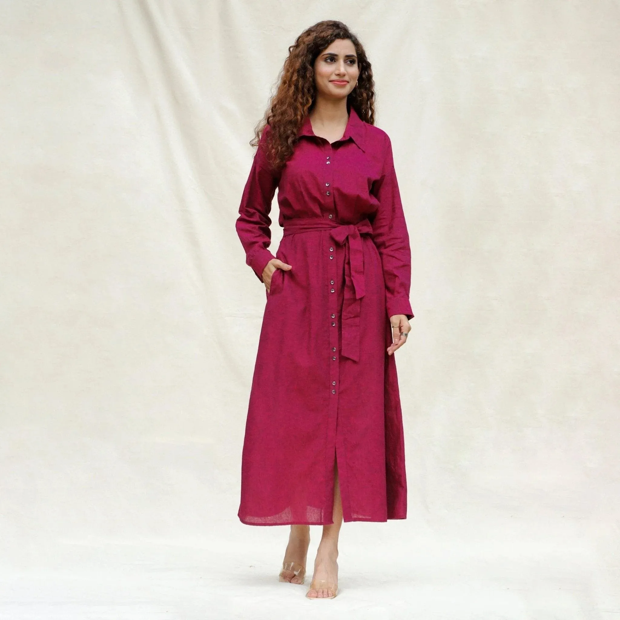 Mulberry Cotton Pleated Button-Down Maxi Dress