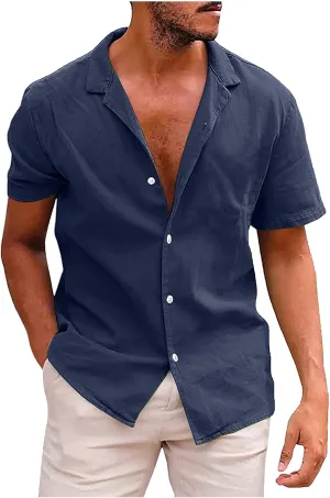 Muscularfit Button Down Shirt Men 2024 Summer Cotton Linen Short Sleeve Causal Shirt Big and Tall Solid Beach Collar Tshirt