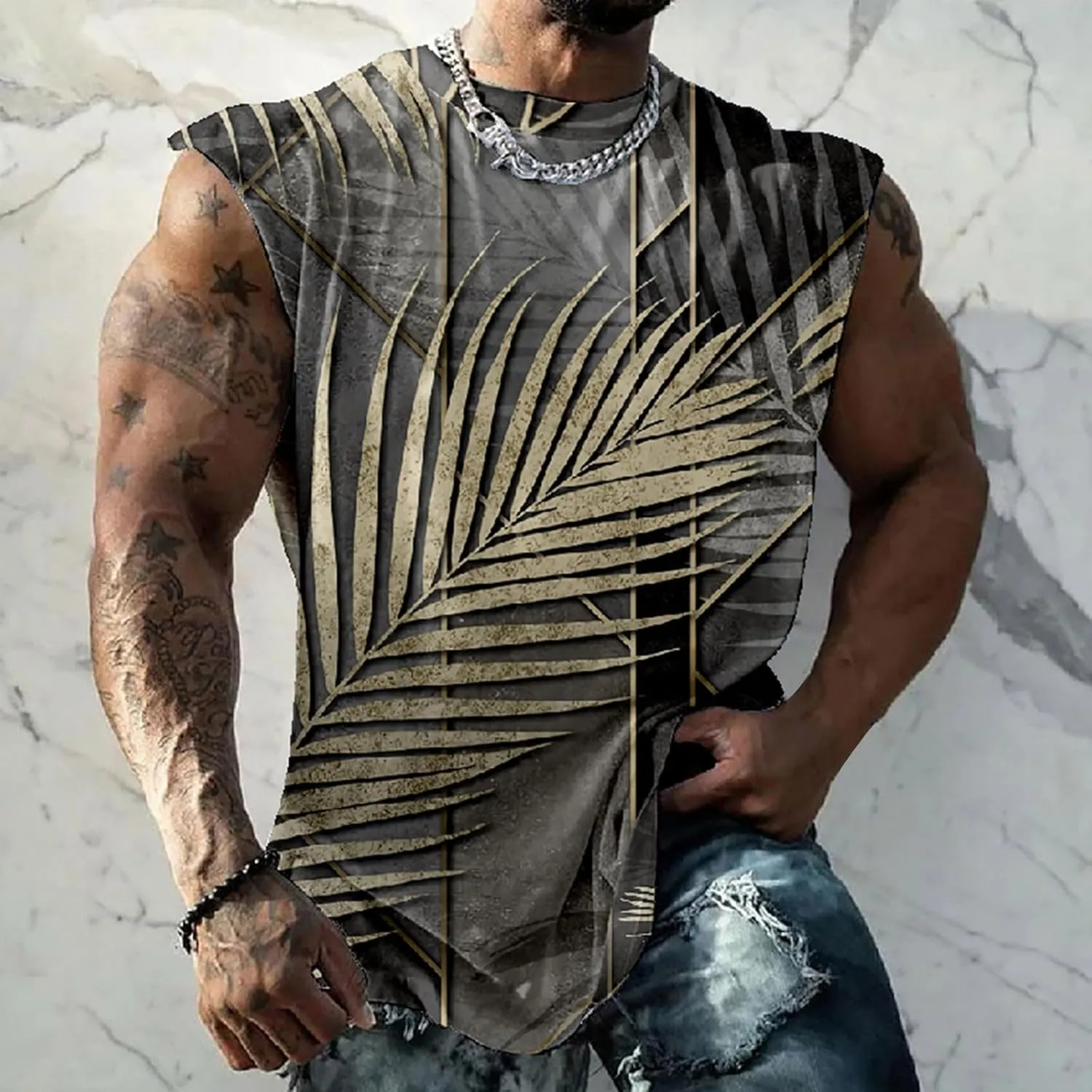 Muscularfit Funny Print Graphic Tee Shirts Mens Summer Casual Loose Sleeveless Crew Neck Tank Tops Hawaiian Beach Vest Shirts