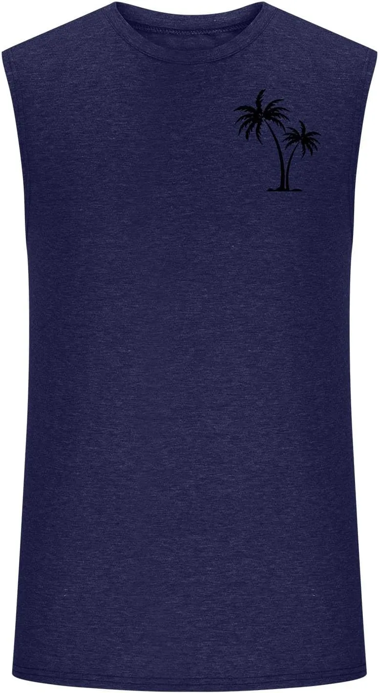 Muscularfit Men's Tank Tops Loose Fit Sleeveless Crewneck Shirts Tops Summer Casual Palm Tree Print Hawaiian Beach Shirts Tee