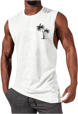 Muscularfit Men's Tank Tops Loose Fit Sleeveless Crewneck Shirts Tops Summer Casual Palm Tree Print Hawaiian Beach Shirts Tee