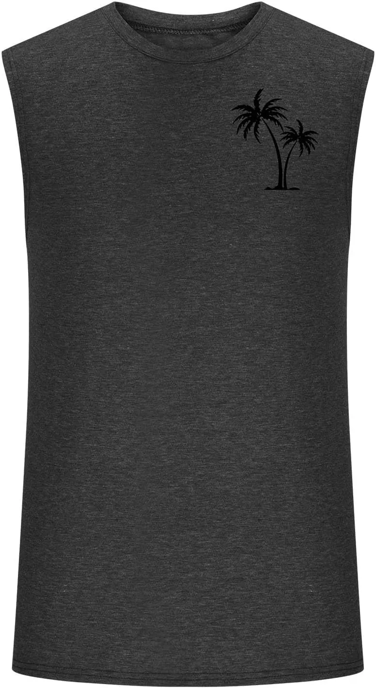 Muscularfit Men's Tank Tops Loose Fit Sleeveless Crewneck Shirts Tops Summer Casual Palm Tree Print Hawaiian Beach Shirts Tee