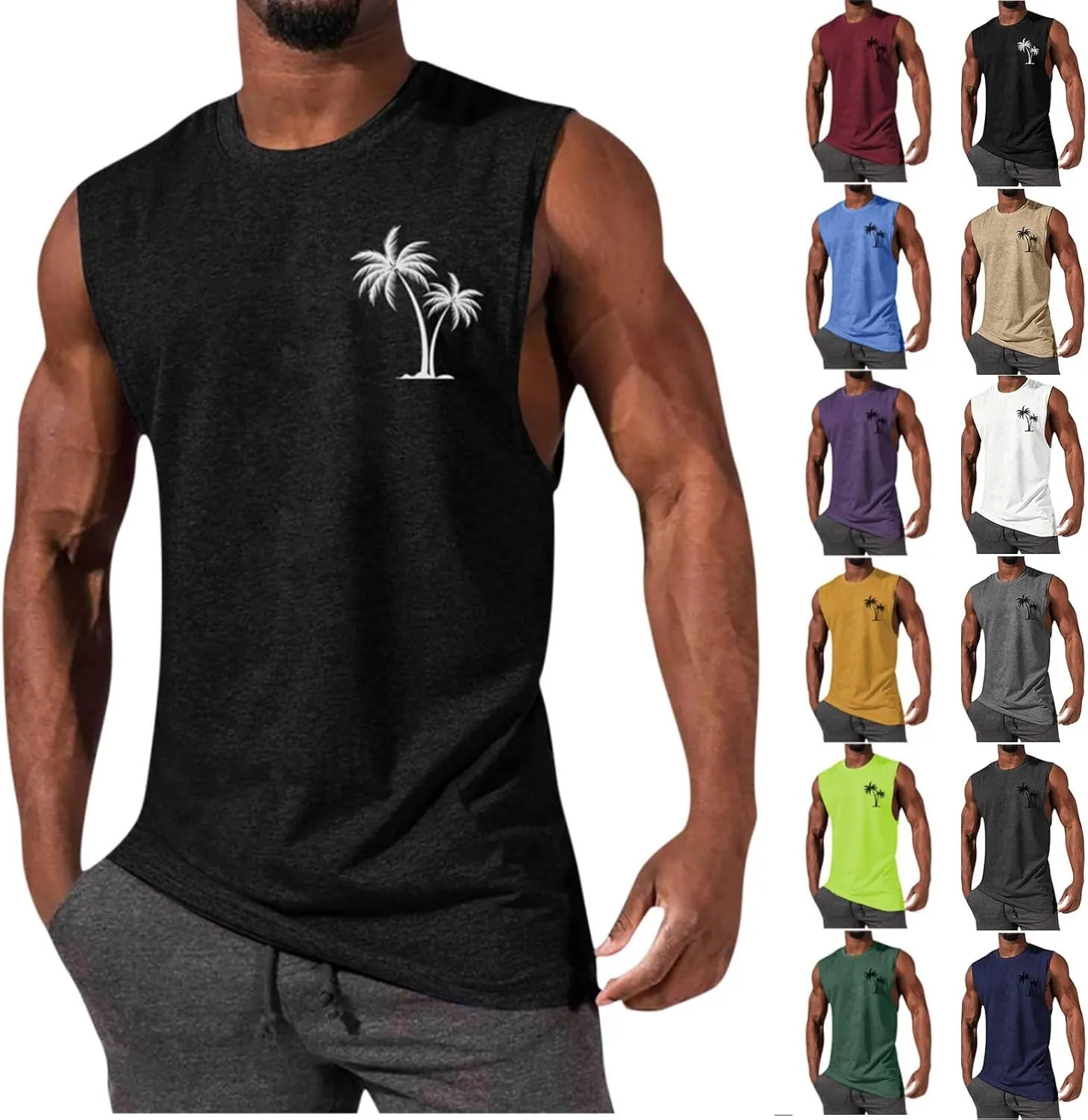 Muscularfit Men's Tank Tops Loose Fit Sleeveless Crewneck Shirts Tops Summer Casual Palm Tree Print Hawaiian Beach Shirts Tee