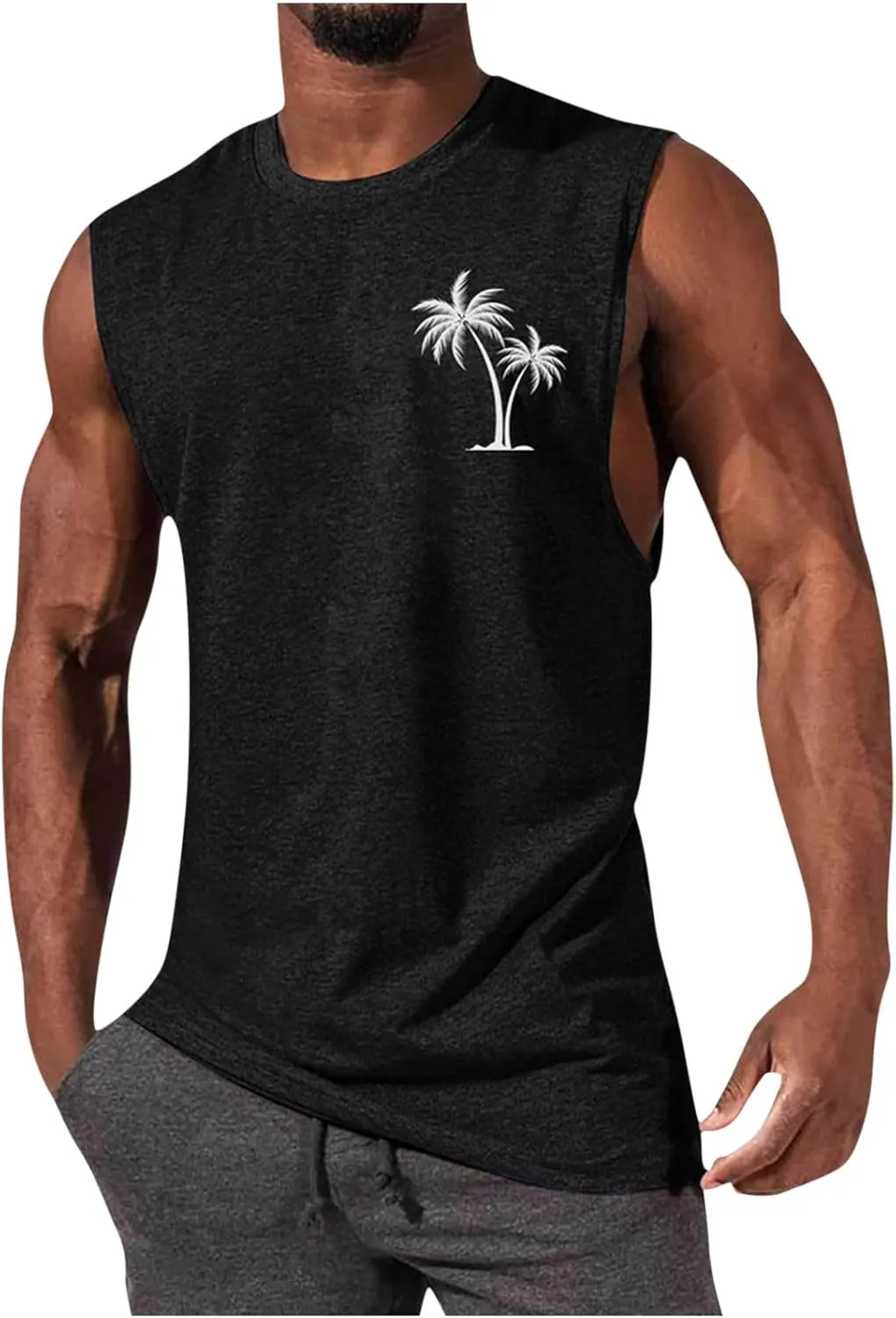 Muscularfit Men's Tank Tops Loose Fit Sleeveless Crewneck Shirts Tops Summer Casual Palm Tree Print Hawaiian Beach Shirts Tee