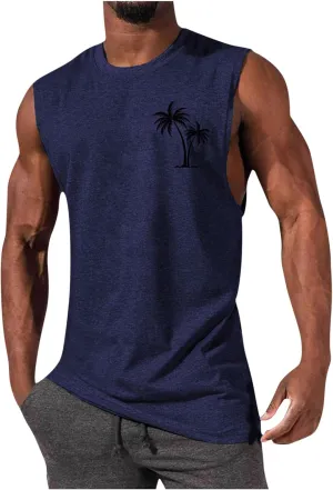 Muscularfit Men's Tank Tops Loose Fit Sleeveless Crewneck Shirts Tops Summer Casual Palm Tree Print Hawaiian Beach Shirts Tee