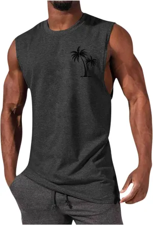 Muscularfit Men's Tank Tops Loose Fit Sleeveless Crewneck Shirts Tops Summer Casual Palm Tree Print Hawaiian Beach Shirts Tee