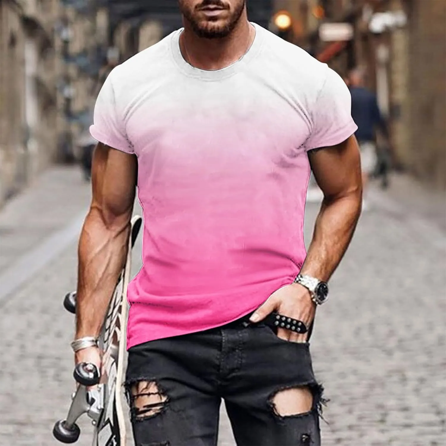 Muscularfit Mens Tshirts Graphic Big and Tall Short Sleeve Athletic Shirt Summer Fashion Gradient Color Crewneck Pullover Tee