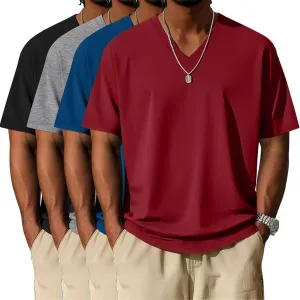 Neer 4 Pack Men's Big and Tall V Neck T-Shirts Casual Short Sleeve Cotton Tee Shirt Plus Size Summer Basic Tops(Wine Red, Blue, Light Gray, Black,X-Large)
