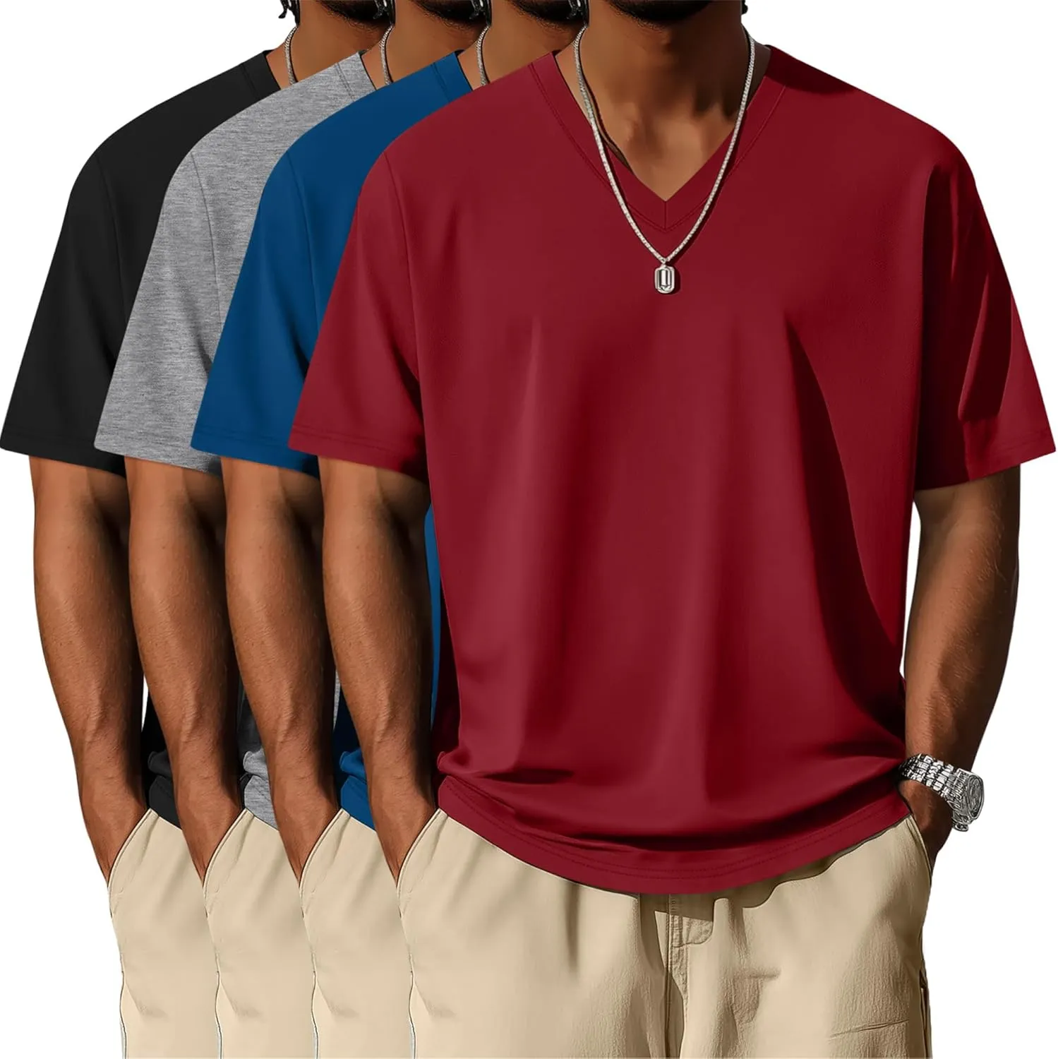 Neer 4 Pack Men's Big and Tall V Neck T-Shirts Casual Short Sleeve Cotton Tee Shirt Plus Size Summer Basic Tops(Wine Red, Blue, Light Gray, Black,X-Large)
